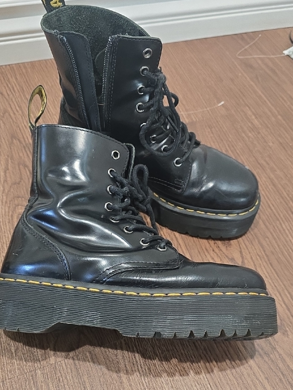 Dr. Martens Black Leather Platform Combat Boots with Yellow Stitching US 7M